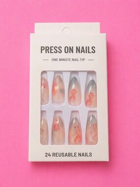 Koi Fish 3D Almond Press On Nails - Reusable Pink Marble French Tip (24 Pack)